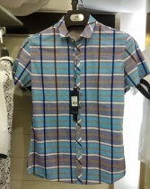 劲牌男装 2015夏 新款 蓝紫格子衬衫